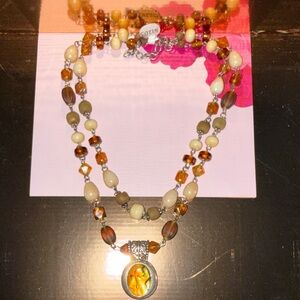 New Elegant Beaded Necklace with Amber Pendant. Earth tones. Made in Greece.